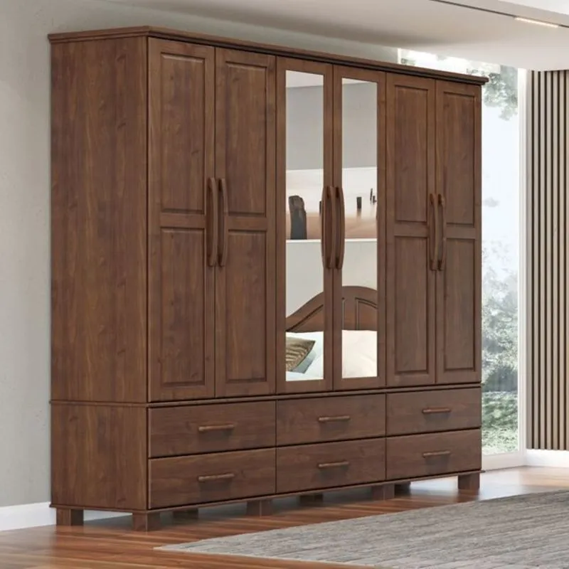 Guarda-roupa Bipartido 6 Portas 6 Gavetas 100% Madeira Maciça Linha Ouro Marrom/café Café