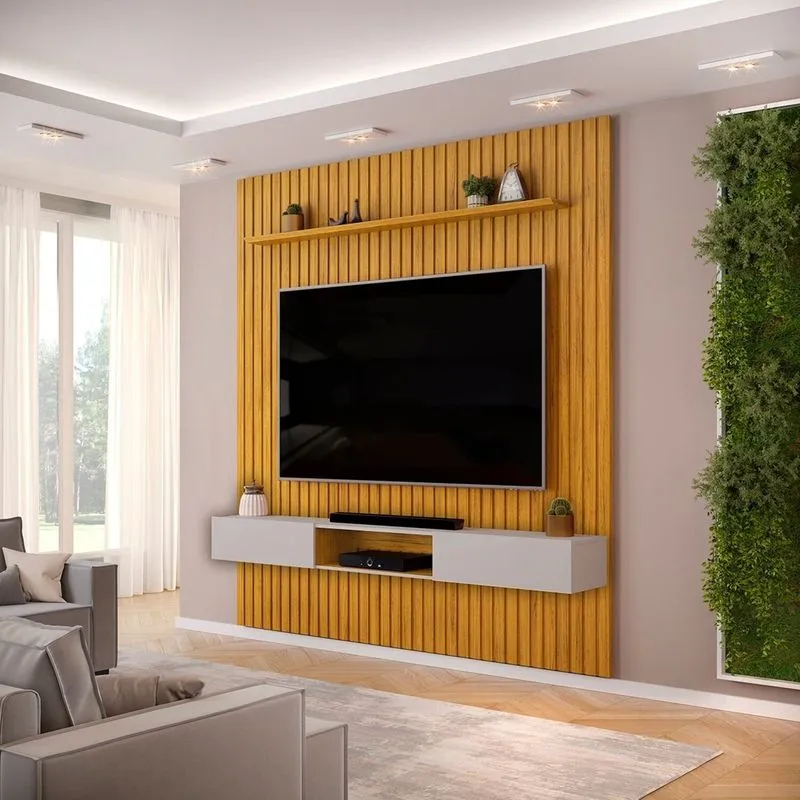 Painel Ripado Suspenso Para Tv Até 75 Polegadas Mdf 250cmx240cm Nicho Trento Marrom Cedro