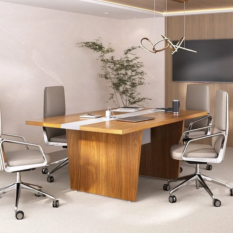 Mesa De Reunião 6 Lugares Com Caixa De Tomada Tampo Em Tamburato Marrom/freijó/branco Artany Freijó/branco