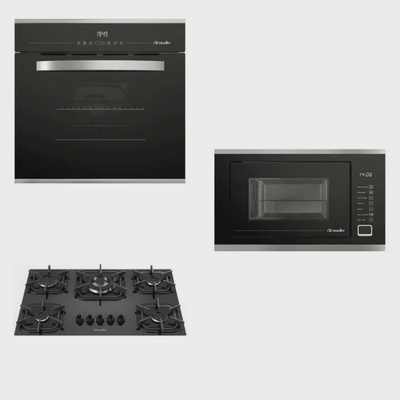 Conjunto de Cozinha Cooktop 5 Bocas Tripla Chama; Forno de Embutir 68 Litros, Micro-ondas 25 Litros