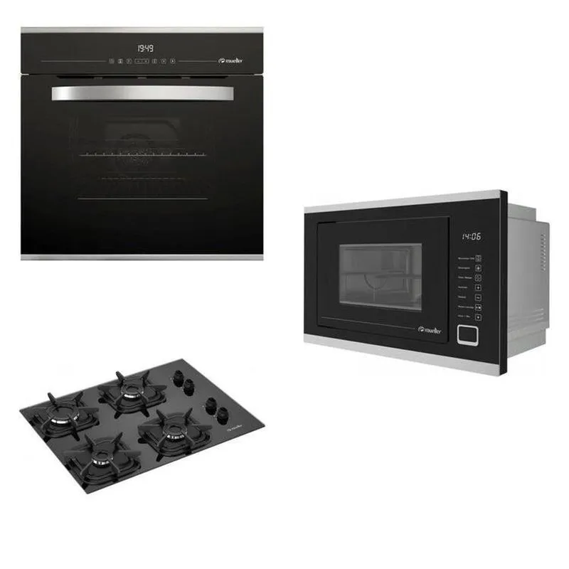 Conjunto De Cozinha Cooktop 4 Bocas, Forno 68l Digital E Micro-ondas Preto