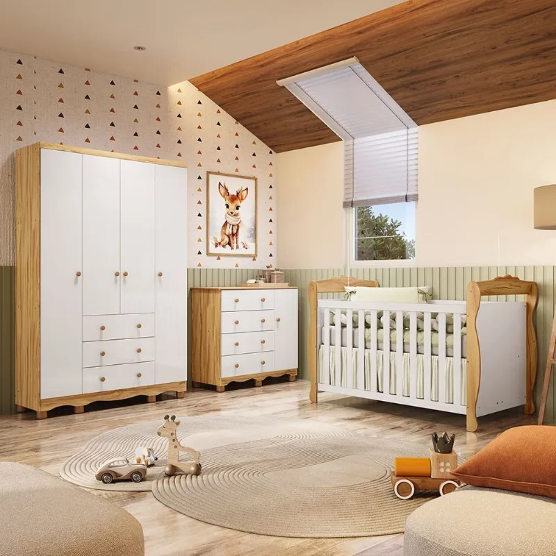 Quarto de Bebê Completo Berço 3 em 1, Cômoda e Guarda Roupa MDF Nina Espresso Móveis Branco/Amê Branco Brilho/Amêndoa