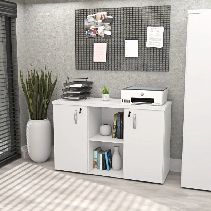 Armário Baixo Credenza Com Chave 120x42cm Escritório Branco Branco