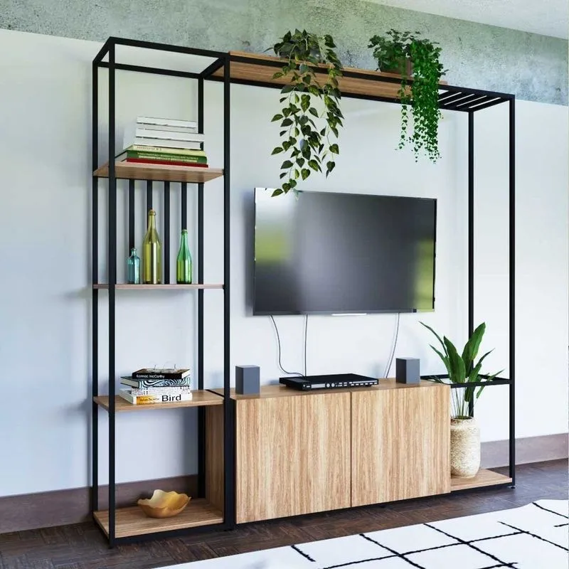 Conjunto De Estante Industrial Para Tv Spring Com 204cm Louro Freijo/preto