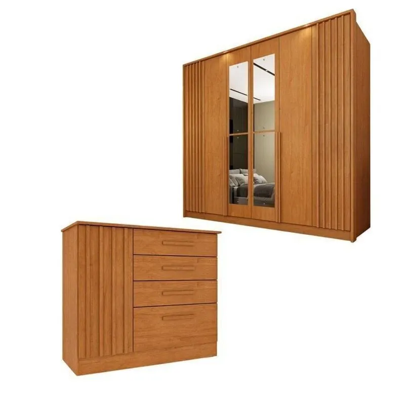 Conjunto Para Quarto 1 Guarda-roupa 6 Portas Com Espelho E 1 Cômoda 4 Gavetas Ripado Nova York Espre Bege/cinamomo Cinamomo