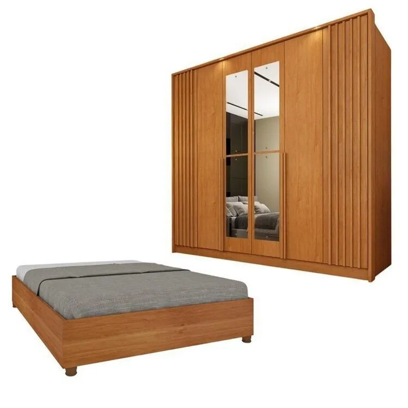 Guarda-roupa 6 Portas Com Espelho Ripado Nova York E Cama Casal Monaco Espresso Móveis Bege/cinamomo Cinamomo