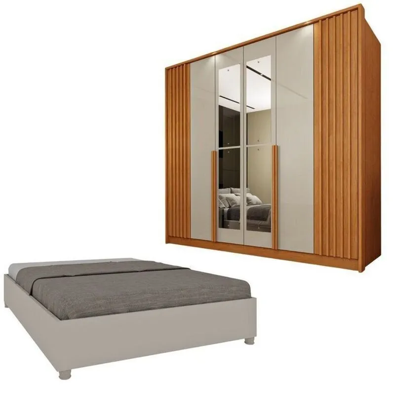 Guarda-roupa 6 Portas Com Espelho Ripado Nova York E Cama Casal Monaco Espresso Móveis Bege/cinamomo/off White Cinamomo/off White
