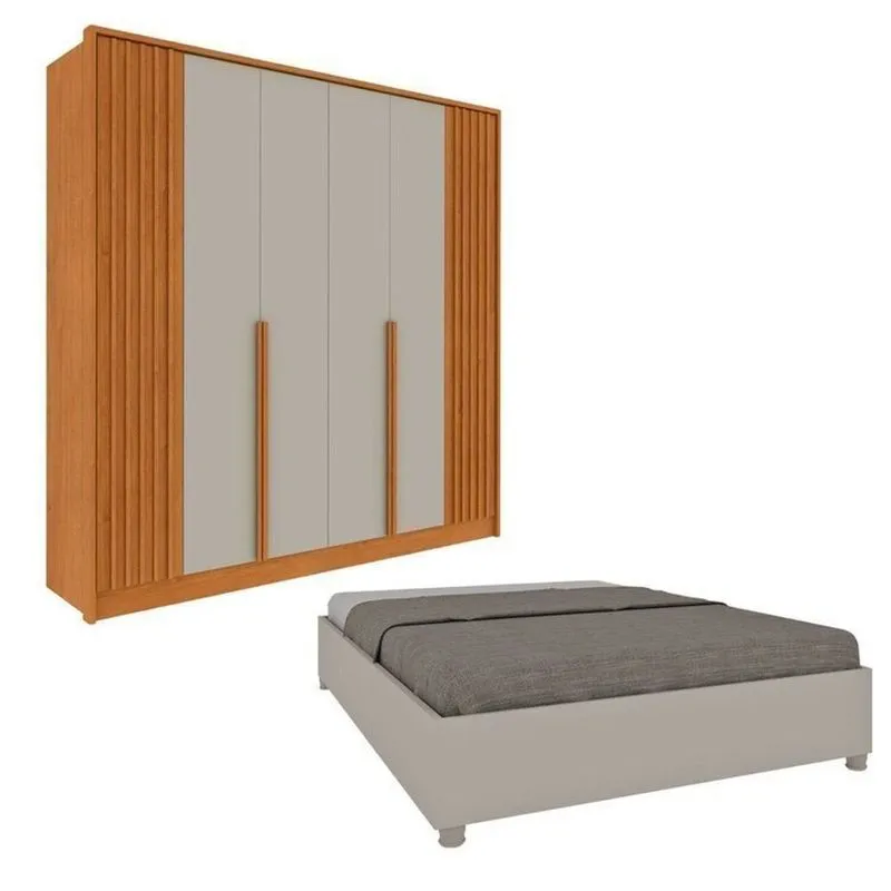 Guarda-roupa 6 Portas Com Espelho Ripado Nova York E Cama Casal Monaco Espresso Móveis Bege/cinamomo/off White Cinamomo/off White