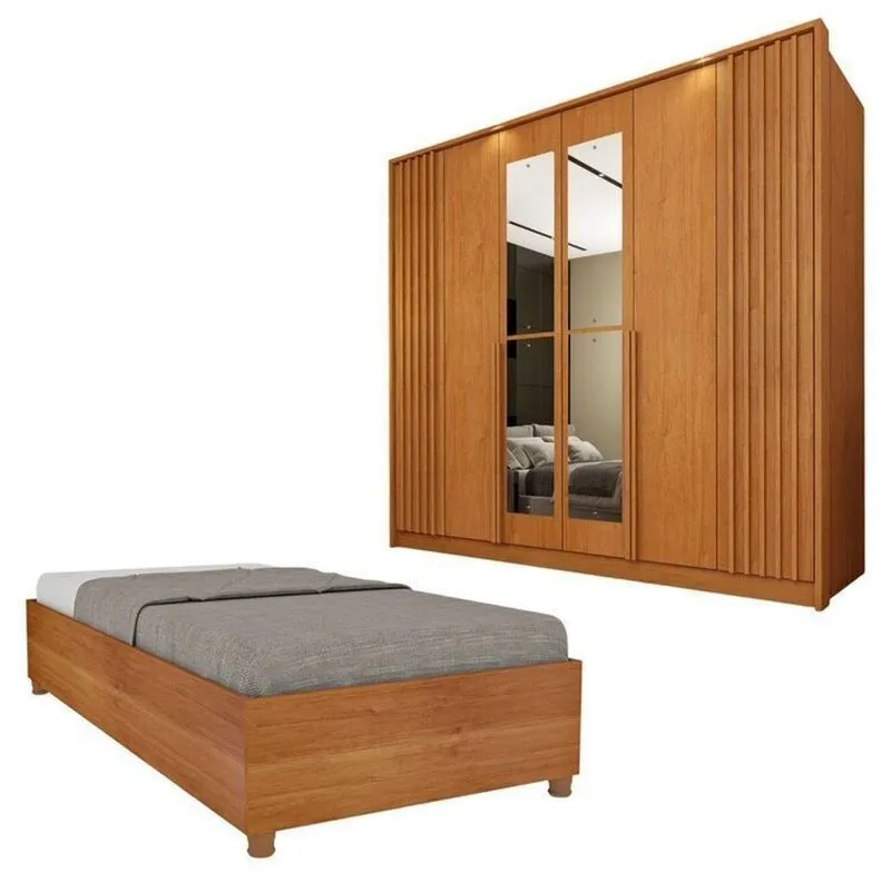Guarda-roupa 6 Portas Com Espelho Ripado Nova York E Cama Solteiro Monaco Espresso Móveis Bege/cinamomo Cinamomo