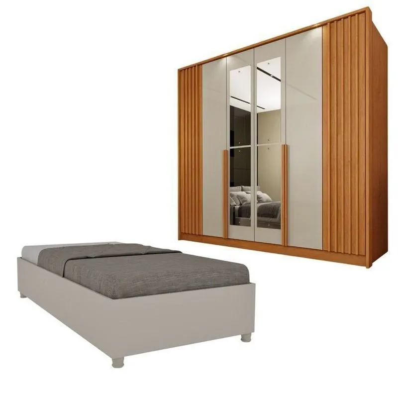 Guarda-roupa 6 Portas Com Espelho Ripado Nova York E Cama Solteiro Monaco Espresso Móveis Bege/cinamomo/off White Cinamomo/off White