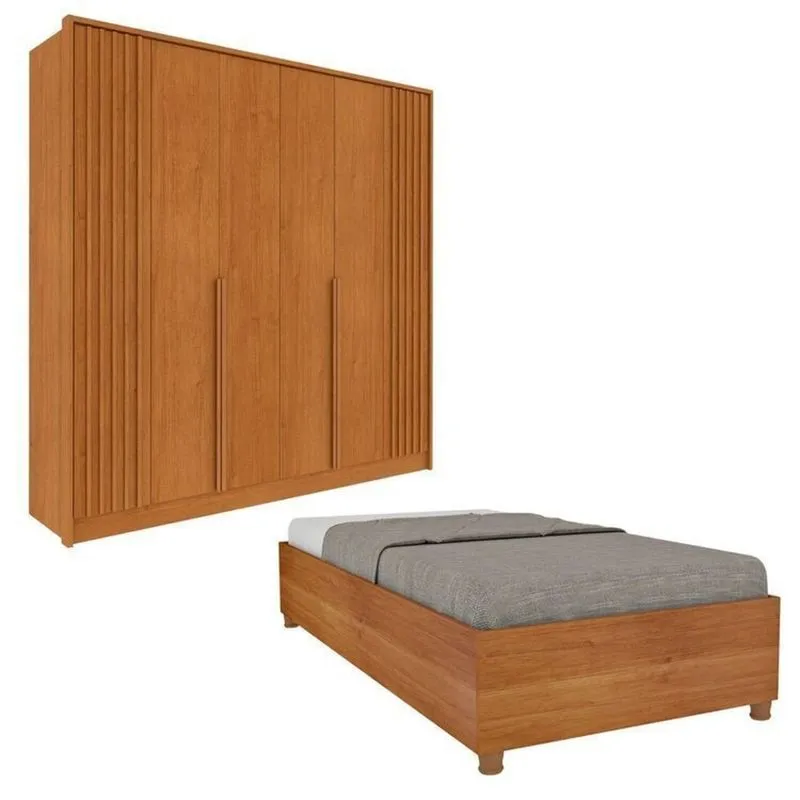 Guarda-roupa 6 Portas Com Espelho Ripado Nova York E Cama Solteiro Monaco Espresso Móveis Bege/cinamomo Cinamomo