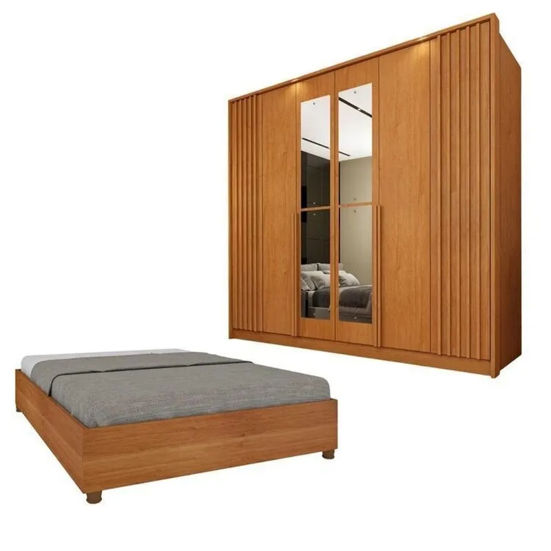 Guarda-roupa 6 Portas Com Espelho Ripado Nova York E Cama Casal Queen Monaco Espresso Móveis Bege/cinamomo Cinamomo