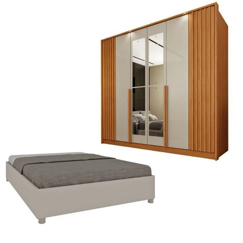 Guarda-roupa 6 Portas Com Espelho Ripado Nova York E Cama Casal Queen Monaco Espresso Móveis Bege/cinamomo/off White Cinamomo/off White