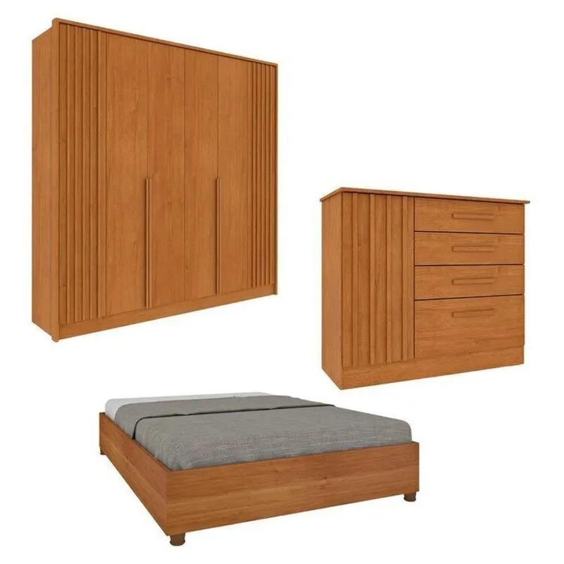Quarto Completo 1 Guarda-roupa 6 Portas E 1 Cômoda Ripado Nova York E 1 Cama Casal Monaco Espresso M Bege/cinamomo Cinamomo