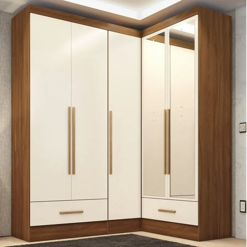 Quarto Modulado De Canto 3 Peças 5 Portas 2 Gavetas Com Espelho Smart Plus Cinamomo/offwhite