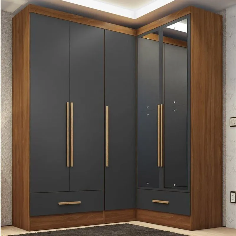Quarto Modulado De Canto 100% Mdf 3 Peças 5 Portas 2 Gavetas Com Espelhos Smart Plus Espresso Móveis Cinza/cinamomo/cinza Cinamomo/cinza
