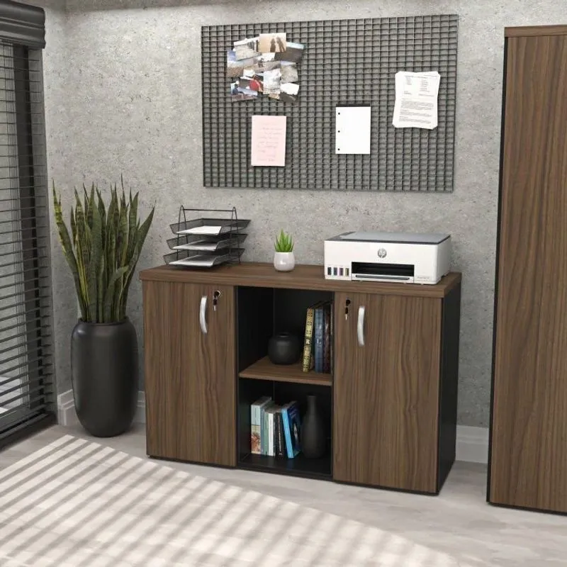 Armário Baixo Credenza Com Chave 120x42cm Escritório Marrom/nogal/preto Nogal/preto