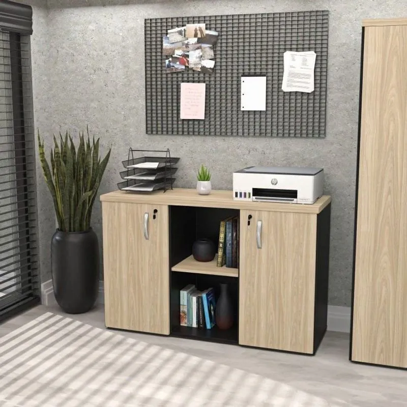 Armário Baixo Credenza Com Chave 120x42cm Escritório Bege/carvalho/preto Carvalho/preto
