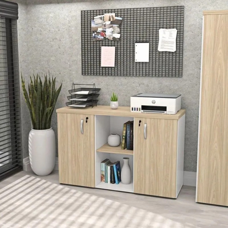Armário Baixo Credenza Com Chave 120x42cm Escritório Bege/carvalho/branco Carvalho/branco