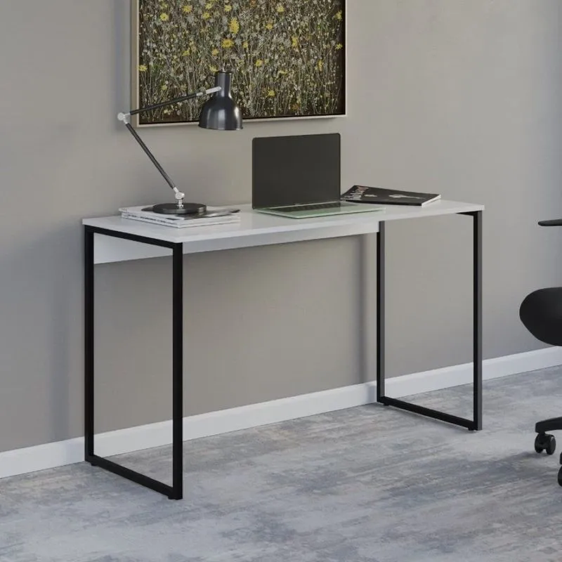Mesa Com Pé De Aço Para Escritório Design Moderno 120cm Industrial Branco E Preto Branco/preto