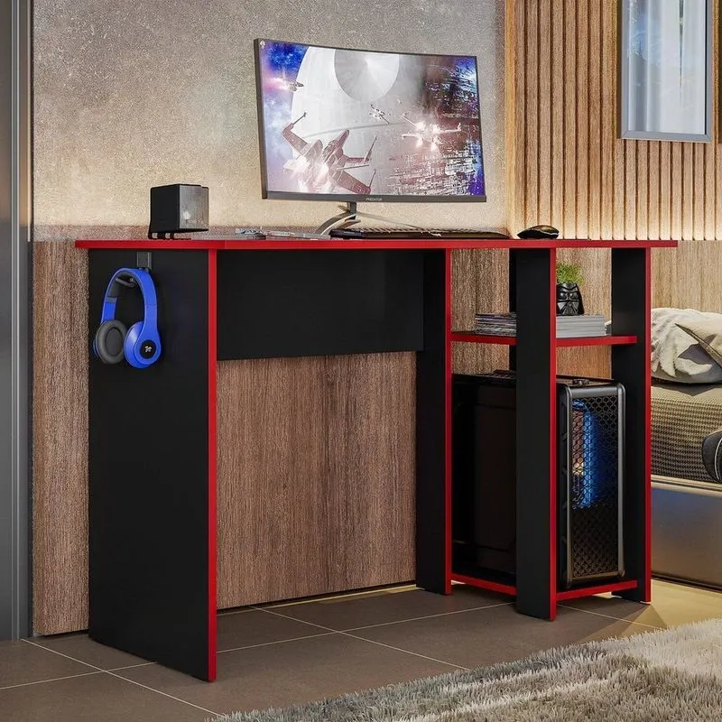 Mesa Para Computador Gamer Slim Escrivaninha 108cm Preto E Vermelho Preto / Vermelho