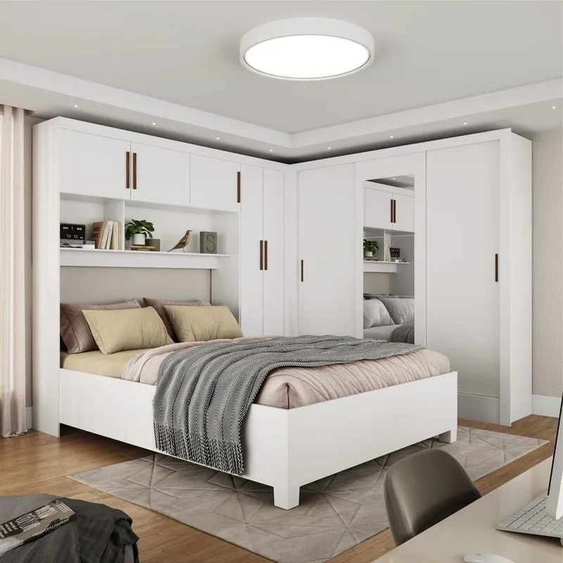 Guarda-roupa Casal Modulado 5 Portas Com Cama Santiago 3 Portas Com Espelho 5 Gavetas Branco Branco