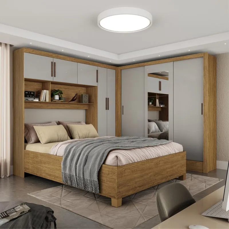 Guarda-roupa Casal Modulado 5 Portas Com Cama Santiago 3 Portas Com Espelho 5 Gavetas Bege/cinamomo/off White Cinamomo/off White