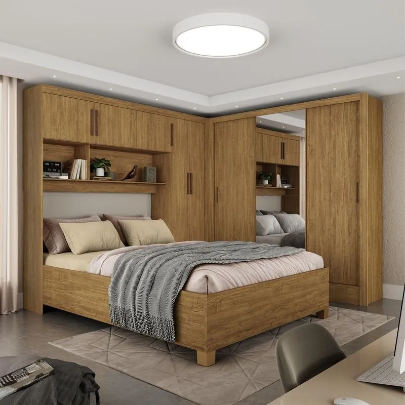Guarda-roupa Casal Modulado 5 Portas Com Cama Santiago 3 Portas Plus 5 Gavetas Com Espelho Marrom/cinamomo Cinamomo