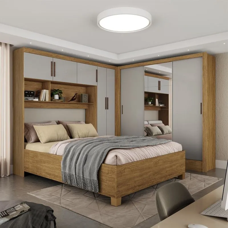 Guarda-roupa Casal Modulado 5 Portas Com Cama Santiago 3 Portas Plus 5 Gavetas Com Espelho Bege/cinamomo/off White Cinamomo/off White