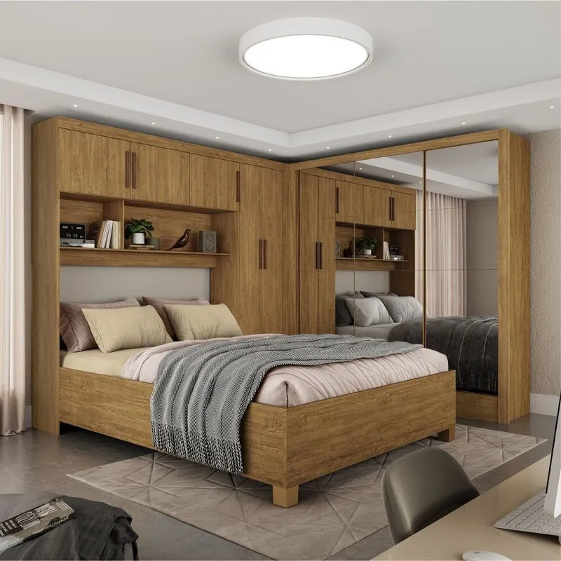 Guarda-roupa Casal Modulado 5 Portas Com Cama Santiago 3 Portas Premium 5 Gaveta Com Espelho Marrom/ Cinamomo