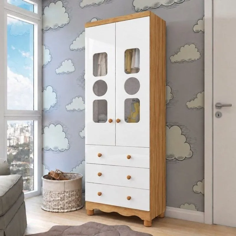 Guarda-roupa Bebê 2 Portas Com Janela 3 Gavetas 100% Mdf Ezra Espresso Móveis Amêndoa Branco Branco/amêndoa
