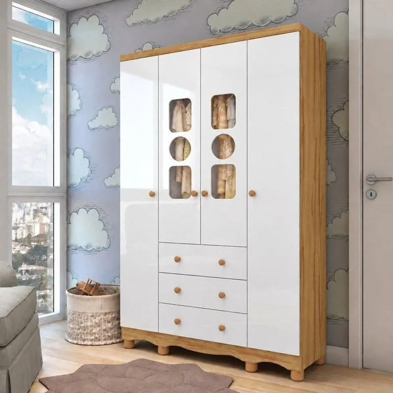 Guarda-roupa Bebê 4 Portas Com Janela 3 Gavetas 100% Mdf Ezra Espresso Móveis Amêndoa Branco Branco/amêndoa