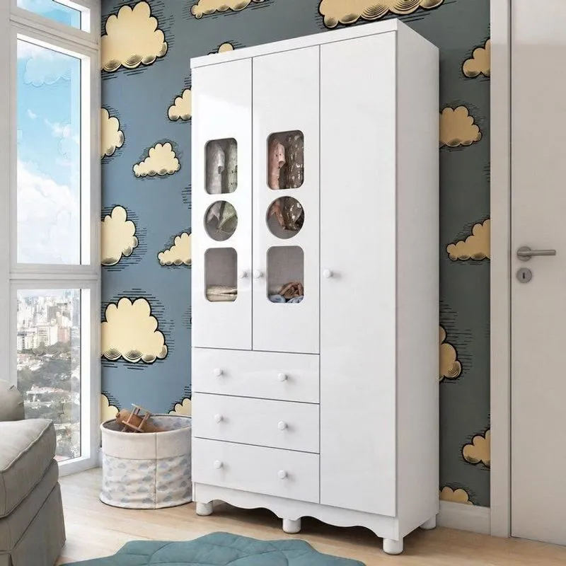 Guarda-roupa Bebê 3 Portas Com Janela 3 Gavetas 100% Mdf Ezra Espresso Móveis Branco Branco Brilho