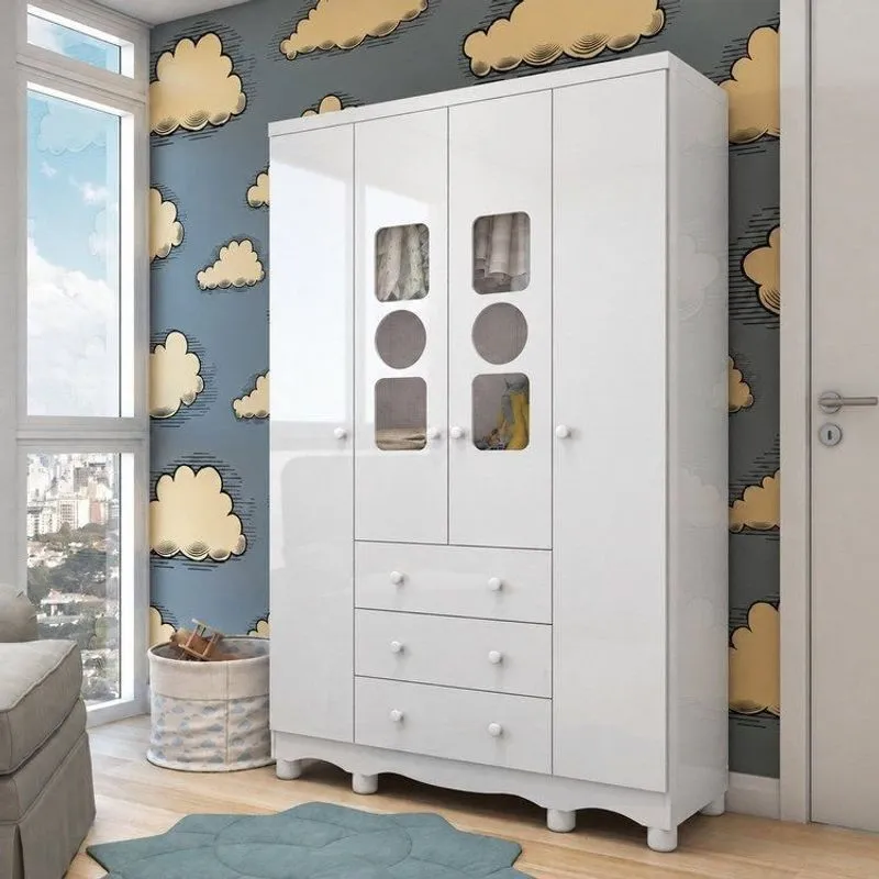Guarda-roupa Bebê 4 Portas Com Janela 3 Gavetas 100% Mdf Ezra Espresso Móveis Branco Branco Brilho