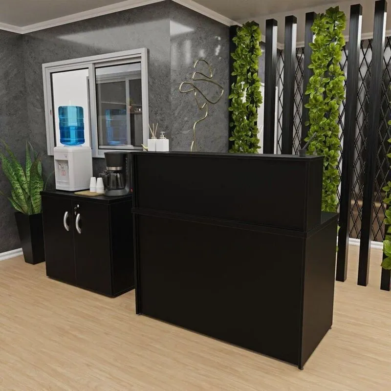 Kit 2 Peças Com Balcão Para Atendimento Recepção Consultório E Armário Multiuso Baixo Preto Preto