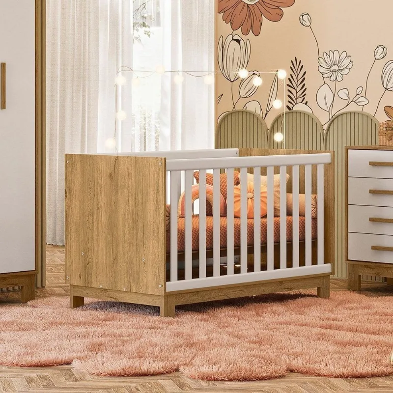 Berço Mini Cama Q Encanto Slim 83x74x133 cm Amarelo/Freijo/Branco Acetinado Freijo/Branco Acetinado