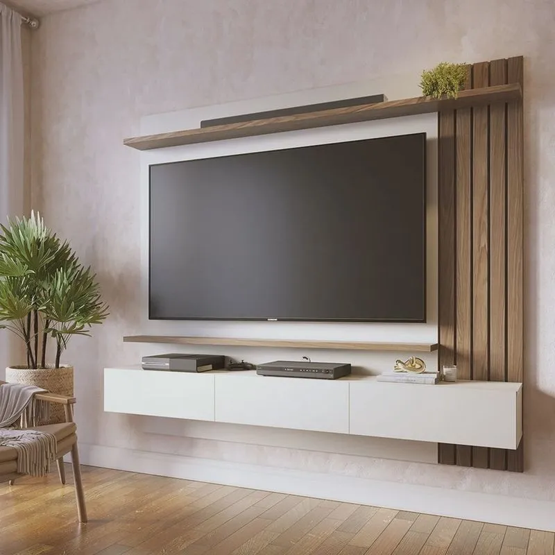 Painel para Tv até 70 Polegadas 3 Portas Basculantes 2 Prateleiras Juriti Amêndoa / Off White
