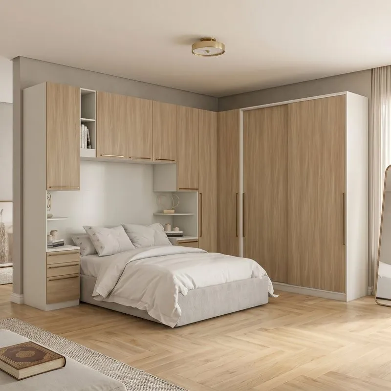 Guarda Roupa Solteiro Modulado 6 Peças Com Cabeceira 9 Portas 6 Gavetas Seletto Seletto Areia/jequit Areia/jequitibá