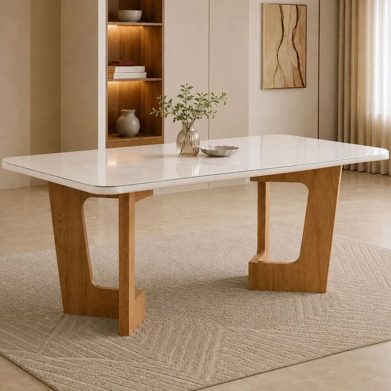Mesa De Jantar 6 Lugares Retangular 180cm Tampo Vidro/mdf De 4cm Liz Bege/cinamomo/off White Cinamomo/off White