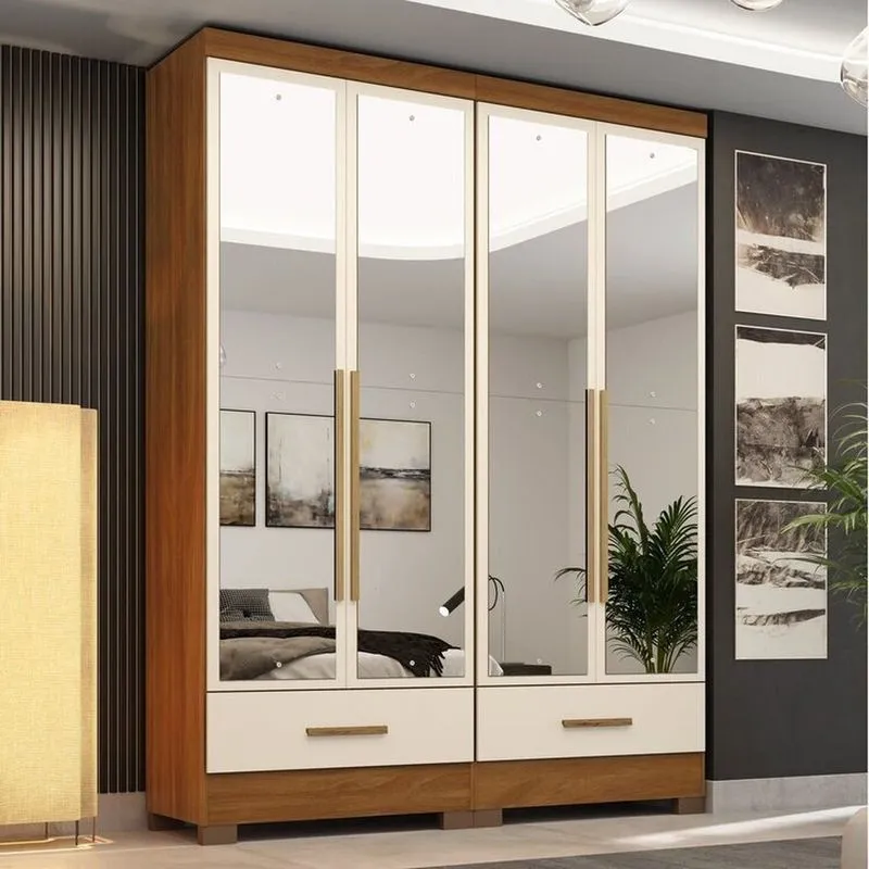 Quarto Modulado 100% Mdf 2 Peças 4 Portas 2 Gavetas Com Espelhos Smart Plus Espresso Móveis Bege/cinamomo/offwhite Cinamomo/offwhite
