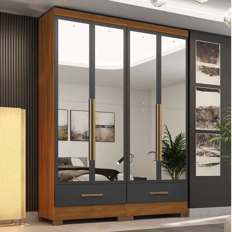 Quarto Modulado 100% Mdf 2 Peças 4 Portas 2 Gavetas Com Espelhos Smart Plus Espresso Móveis Bege/cinamomo/cinza Cinamomo/cinza