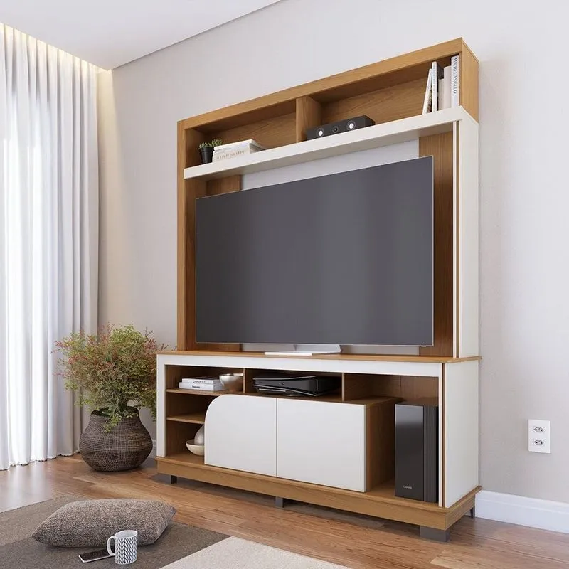 Estante Para Tv E Home Theater Até 65 Polegadas 160cmx190cm 2 Portas Belaya Marrom Freijó / Off White
