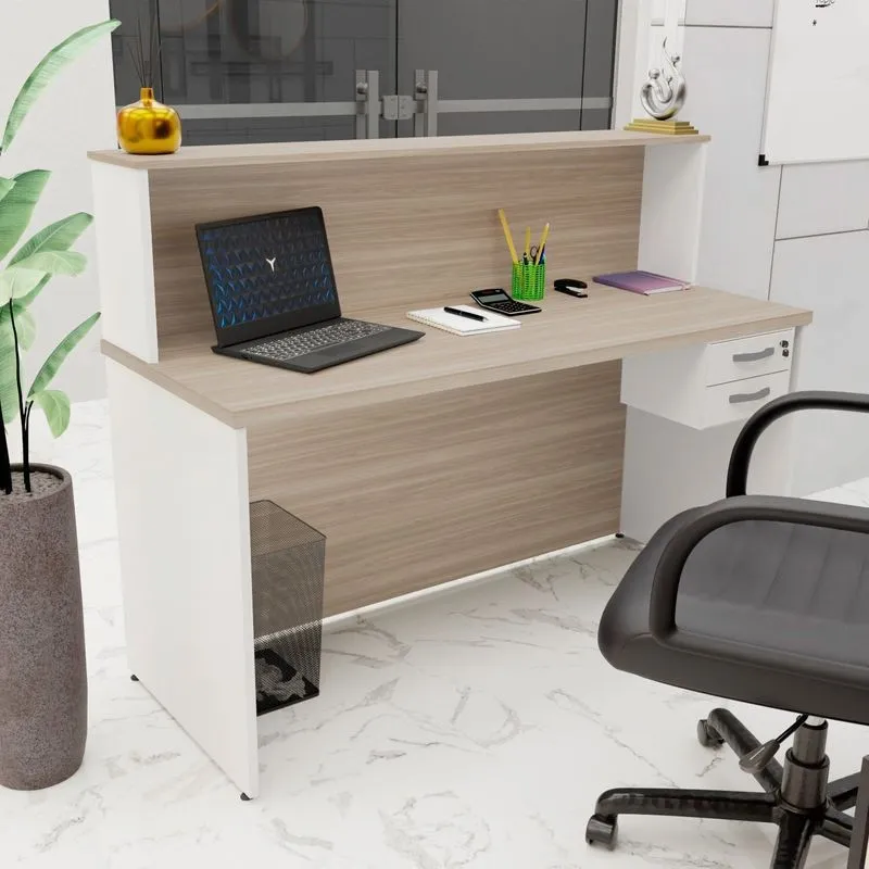 Balcão Atendimento Recepção Consultório 140x60cm 2 Gavetas Bege/carvalho/branco Carvalho/branco