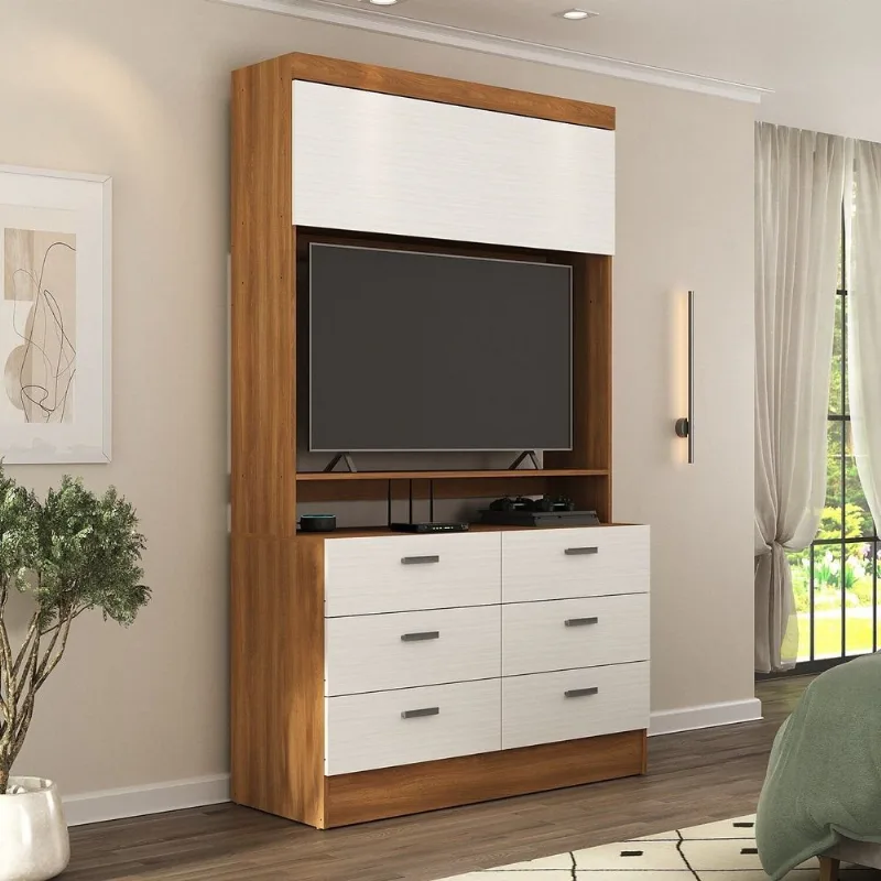 Cômoda para Quarto para TV até 42 Polegadas Viena 1 Porta 6 Gavetas Yescasa Marrom/Nogal/Branco Nogal/Branco