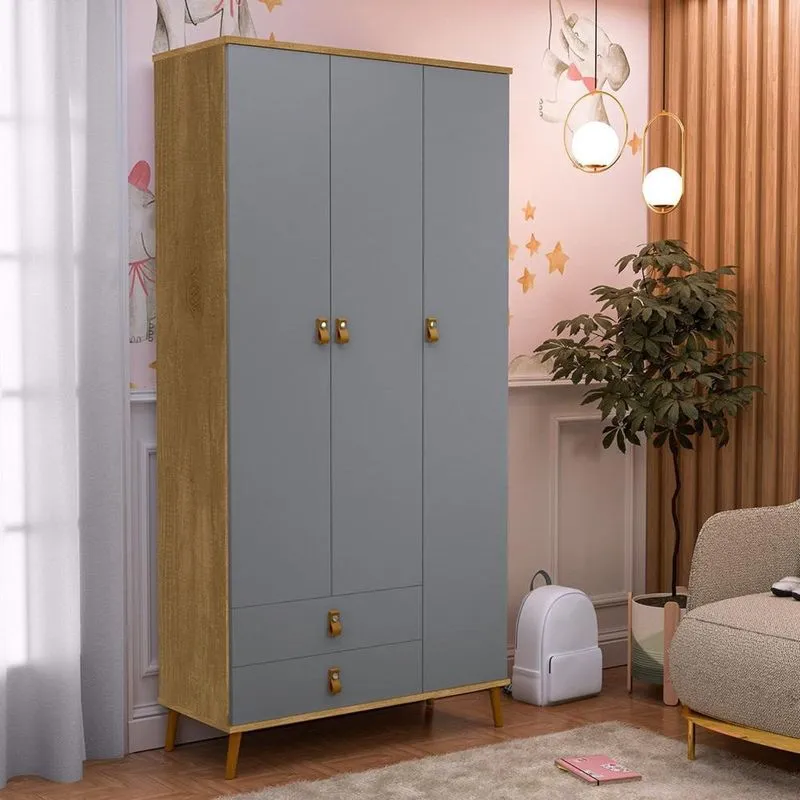 Guarda-Roupa Infantil Jujuba 3 Portas 2 Gavetas Nature/ Cinza