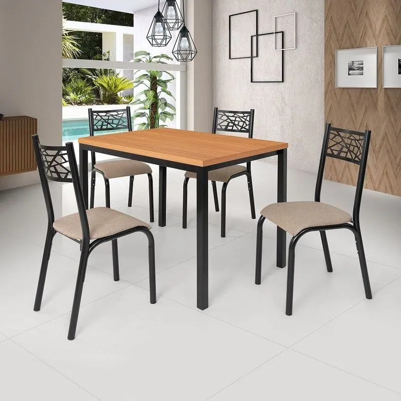 Conjunto Jade Flex 110cm Tampo Laminado Com 4 Cadeiras Bege/preto Fosco/freijo Preto Fosco/bege/freijo