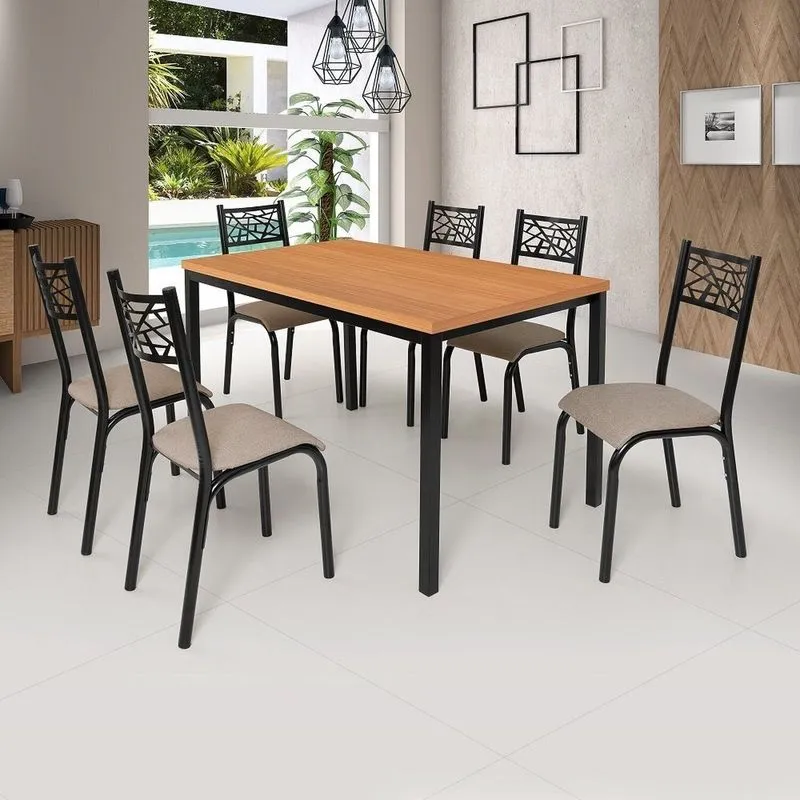 Conjunto Jade Flex 136cm Tampo Laminado Com 6 Cadeiras Bege/preto/freijo Preto/bege/freijo