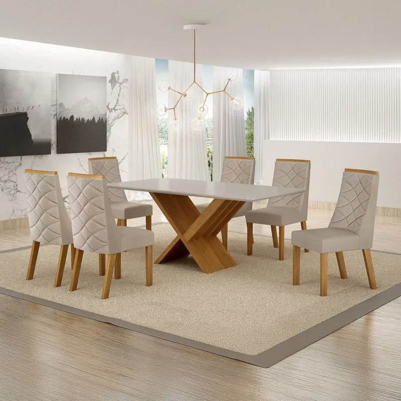 Conjunto Sala De Jantar Mesa 180cm Tampo De 2,5cm Com 6 Cadeiras Aurora Bege/cinamomo/off White Cinamomo/off White/bege
