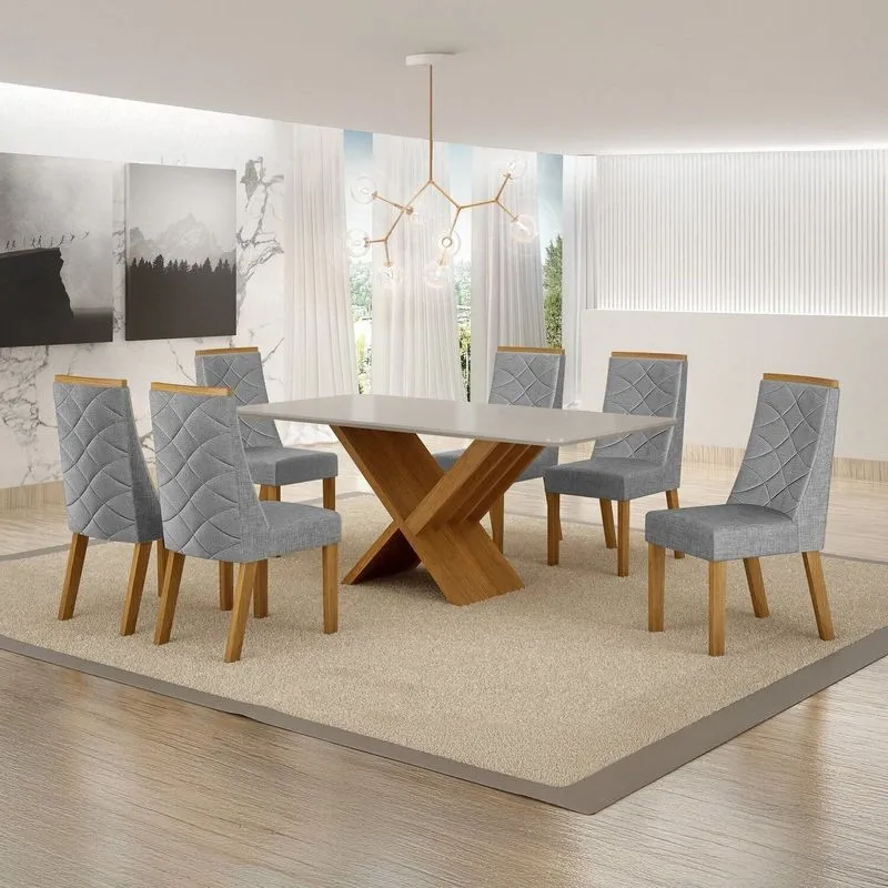 Conjunto Sala De Jantar Mesa 180cm Tampo De 2,5cm Com 6 Cadeiras Aurora Cinza/cinamomo/off White/linho Prata Cinamomo/off White/prata Linho