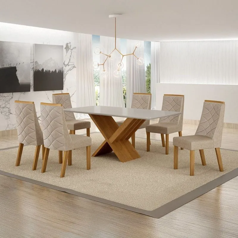 Conjunto Sala De Jantar Mesa 180cm Tampo De 2,5cm Com 6 Cadeiras Aurora Bege/cinamomo/off White/linho Cinamomo/off White/bege Linho